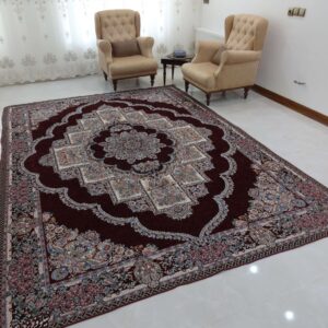 روفرشی مخمل شانل زرکدار 6 متری طرح حوض نقره رنگ زرشکی