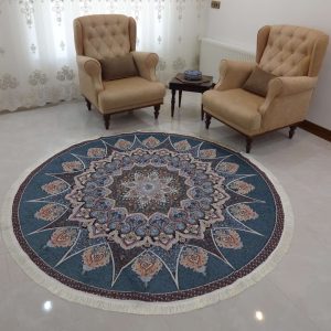 رومیزی روفرشی گرد 2 در 2 طرح خورشید رنگآبی نفتی