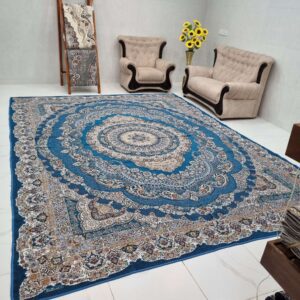 روفرشی 12 متری طرح فرش طرح درخشان طرح گلنگار 101 رنگ ابی فیروزه برند وکیل بافت یزد