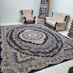 روفرشی طرح فرش 12 متری و 6 متری طرح درخشان گلنگار 101 رنگ سرمه ای جنس مخمل شانل ابریشم